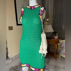 Zara Green Crochet Knitted Grandma Dress Floral small